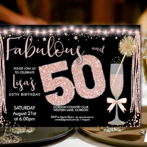 Rosegold Rosa Champagner 50 Geburtstagseinladung Druckbare Vorlage, Horizontale Geburtstagsfeier-Einladung Frauen, Printable Goldlichter Einladen