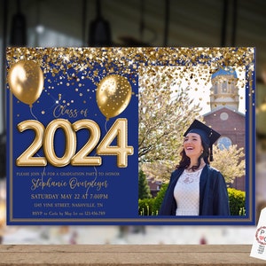 Class of 2024 Blue Gold Photo Graduation Invitation Printable Template Glitter Editable, Graduate Editable Invite, High School, College Grad