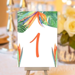 Número de mesa Ave do Paraíso, Placa de casamento com folhagens, Número de mesa de casamento botânico, Placa de mesa, Número de mesa tropical, Número laranja verde