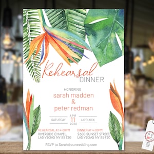 Tarjeta para cena de ensayo con Ave del Paraíso, Monstera, Invitación naranja, Tarjeta imprimible DIY, Reclamador de fecha tropical, Boda de práctica