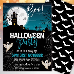 May include: Halloween party invitation with a spooky night theme. Features a full moon, haunted castle, and graveyard scene. Includes the text "Boo!" and party details: date, time, and location. A black and white bat pattern is on the back.