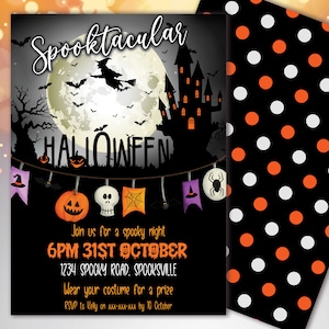 May include: Halloween invitation with a spooky theme. Features a full moon, witch, haunted house, and bats. The text reads "Spooktacular" and "Halloween". Includes details for a Halloween party: date, time, location, and RSVP information.