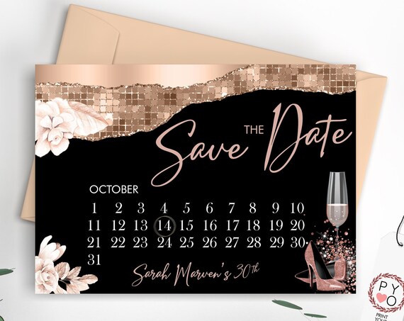 Rosegold Shoes Floral Calendar Save Our Date, Elegant Save the Date, Printable Floral Gold Date Card, Glamorous Date Saver Digital Save Date