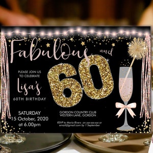 Pink Champagne 60 Birthday Invitation Printable Template, Sparkle Horizontal Birthday Party Invitation Women, Printable gold lights Invite