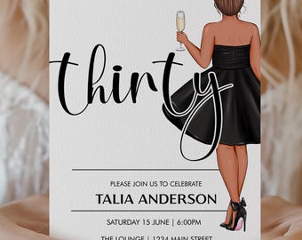 Elegant Black Birthday Invitation for 30th Celebration with Glamorous Dress Theme