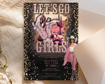 Let’s Go Girls Cowgirl Invitation | Pink and Gold Boot Party Invite | Editable Template