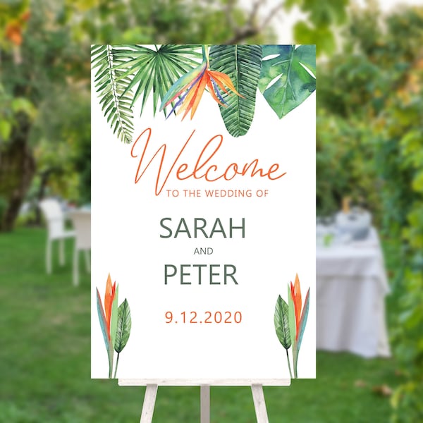 Bird of Paradise Wedding Welcome Sign, Modern Green, Bridal Sign, Outdoor Welcome Sign, Printable Sign, Summer Greenery Foliage Wedding