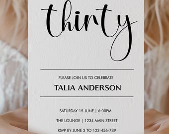 Elegant 30th Birthday Invitation | Minimalist Black & White Bold Text | Editable Template