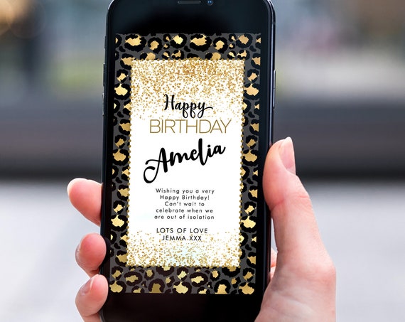Gold Leopard Glitter Electronic Birthday, Smartphone SMS Digital Editable template, EcoFriendly, Electronic Black eCard Birthday Greeting