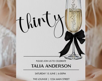 Minimalist 30th Birthday Invitation | Black Bow & Champagne Design | Editable Template
