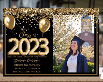 Class of 2023 Gold Photo Graduation Invitation Printable Template, Glitter Editable, Graduate Editable Invite, High School, College Grad