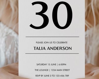 30th Birthday Invitation, Black White Minimalist Party Invite (Instant Download)