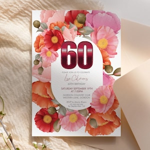 Qualquer idade Número Papoulas Vermelho Rosa Laranja Floral Convite Modelo Imprimível, Papoula Editável Festa de Aniversário Convite Mulheres, Cartão Imprimível
