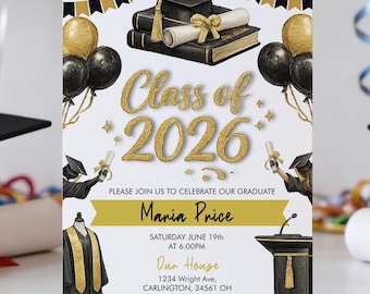 Class of 2026 Graduation Invitation, Black Gold Grad Party Template, Editable Senior Announcement, Printable Grad Invite