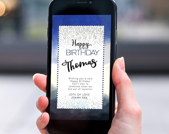 Blue Ombre Glitter Electronic Birthday, Smartphone SMS Digital Editable template, EcoFriendly, Electronic Silver eCard Birthday Greeting