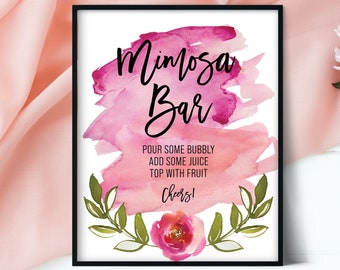 Pink Watercolor Mimosa Sign, Mimosa Bar Sign, Bridal Shower Bar Sign, Baby Shower Sign, Mimosa Bar Sign Printable, Jpg and PDF, Modern Peony