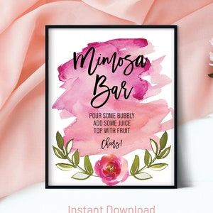 Pink Watercolor Mimosa Sign, Mimosa Bar Sign, Bridal Shower Bar Sign, Baby Shower Sign, Mimosa Bar Sign Printable, Jpg and PDF, Modern Peony