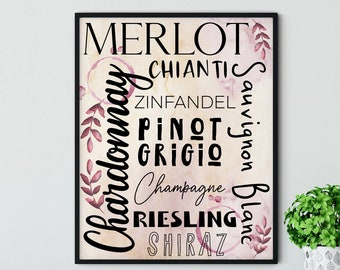 Wine Words Digital Print | Printable Wine Art | Art Print | DIY Wine Types Wall Art | Kitchen Wall Decor | Instant Download | Red Wine Art