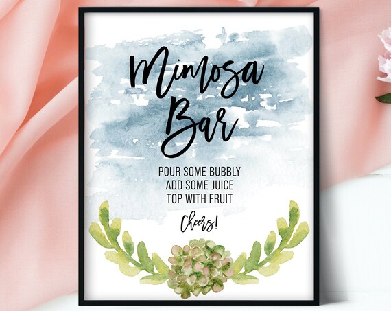 Blue Watercolor Mimosa Sign, Mimosa Bar Sign, Bridal Shower Bar Sign, Baby Shower Sign, Mimosa Bar Sign Printable, Jpg and PDF, Modern Green