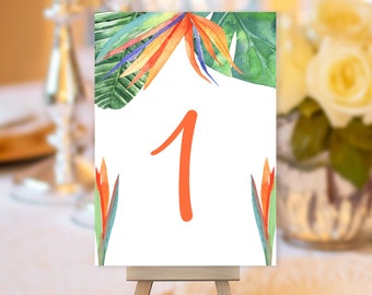 Bird of Paradise Table Number, Greenery Wedding Sign, Botanical Wedding Table Number, Table Sign, Tropical Table Number, Orange Green Number