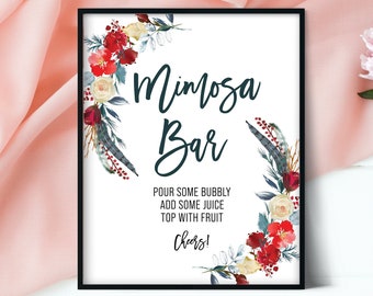 Red Floral Watercolor Mimosa Sign, Mimosa Bar Sign, Bridal Shower Bar Sign, Baby Shower Sign, Mimosa Sign Printable, Jpg and PDF, Feathers