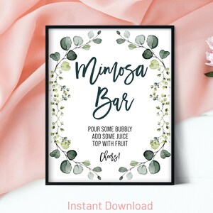 Eucalyptus Leaf Mimosa Sign, Mimosa Bar Sign, Bridal Shower Bar Sign, Baby Shower Sign, Mimosa Sign Printable, Jpg and PDF, Greenery