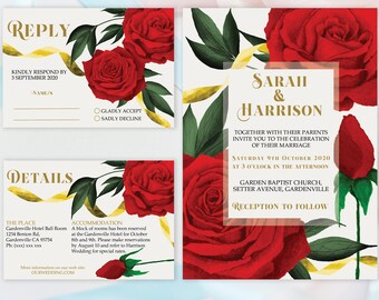 Red Roses Wedding Invitation Set: Beauty and the Beast Theme (Printable Template)