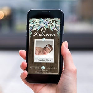 Rustieke groene bloemen elektronische foto babyaankondiging, smartphone sms bewerkbare sjabloon, milieuvriendelijk, nieuwe baby e-card, houten geboortekaart baby
