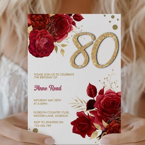 赤い花柄の誕生日招待状 | ゴールドグリッターの数字入り招待状 | 編集可能なCorjlテンプレート | 印刷可能な5x7サイズ