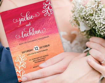 Red Sunset Watercolor Wedding Invitation: Modern Printable (PDF)