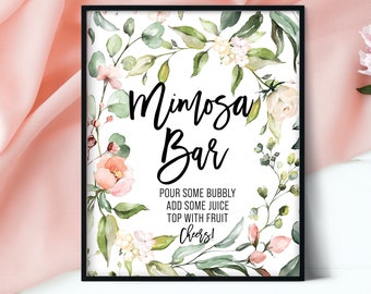 Panneau de bar à mimosa, panneau de bar pour shower de bébé, bar à mimosa, panneau de mimosa, panneau de bar à mimosa imprimable, Jpg et PDF, panneau de mimosa floral rose, mariage