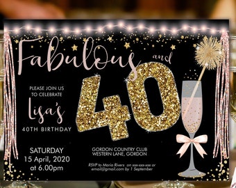 Invitación de cumpleaños número 40 con champán rosa: Luces brillantes (plantilla imprimible)