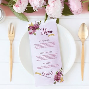 Purple Floral Wedding Menu, Editable Menu, Menu Cards, Printable Menu, Purple Wedding Menu, Party Menu, Menu Download, Wedding Table Decor