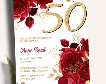 Red Floral Gold Glitter 50th Birthday Invitation, Glam Rose Party Invite (Digital Download)