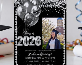 Class of 2026 Graduation Invitation, Black Silver Grad Party Template, Photo Celebration Invite, Editable Senior Announcement