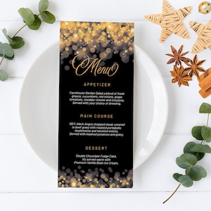 Menú elegante para fiesta con luces doradas, invitación con brillo dorado, cena brillante, fiesta familiar con amigos en casa, brillante