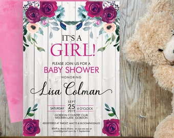 Pink Floral Baby Shower Invitation: Watercolor Flowers (Editable Template)