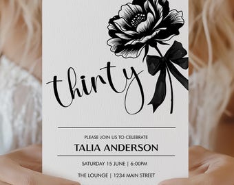 30th Birthday Invitation | Black Bow Minimalist Floral Design | Editable Template