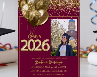 Class of 2026 Graduation Invitation, Burgundy Red Gold Grad Party Template, Photo Celebration Invite, Editable Senior Announcement