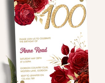 Red Floral Gold Glitter 100th Birthday Invitation, Glam Rose Party Invite (Digital Download)