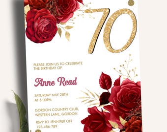 Red Floral Gold Glitter 70th Birthday Invitation, Glam Rose Party Invite (Digital Download)