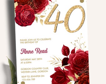 Red Floral Gold Glitter 40th Birthday Invitation, Glam Rose Party Invite (Digital Download)