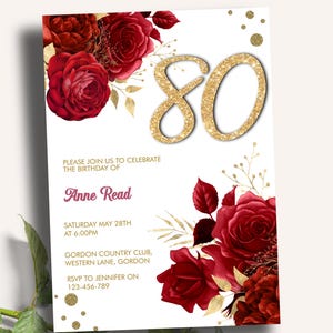 Red Floral Gold Glitter 80th Birthday Invitation, Glam Rose Party Invite (Digital Download)