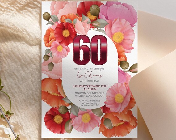Any Age Number Poppies Red Pink Orange Floral Invitation Printable Template, Poppy Editable Birthday Party Invite Women, Printable Card