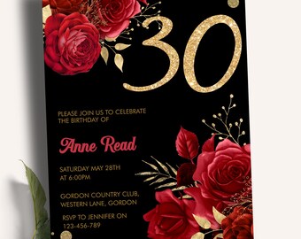Red Floral Black Gold Glitter 30th Birthday Invitation, Glam Rose Party Invite (Digital Download)