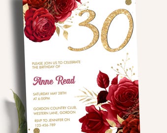 Red Floral Gold Glitter 30th Birthday Invitation, Glam Rose Party Invite (Digital Download)