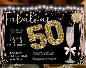 Pink Champagne 50th Birthday Invitation: Sparkle Lights (Printable Template)