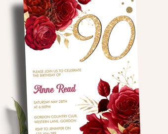 Red Floral Gold Glitter 90th Birthday Invitation, Glam Rose Party Invite (Digital Download)