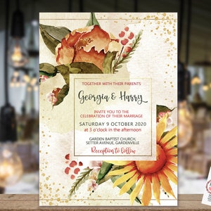 Sunflower Gold Glitter Fall Floral Wedding Invitation, Autumn Invitation, Watercolor Fall Invitation, Printable, Editable Template,  Invite