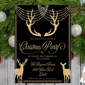 May include: Black Christmas party invitation with gold glitter reindeer and antlers. The invitation reads "PLEASE JOIN US FOR A Christmas Party" with the date, time, and location. The invitation is framed with a gold border.